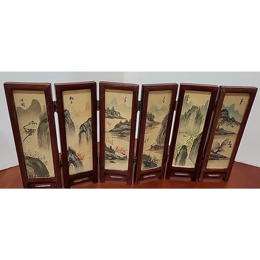 Vintage Hand Painted Mini Divider Shade Privacy Screen ~ Wood 6 Panel Vintage
